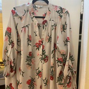 White and grey striped floral blouse